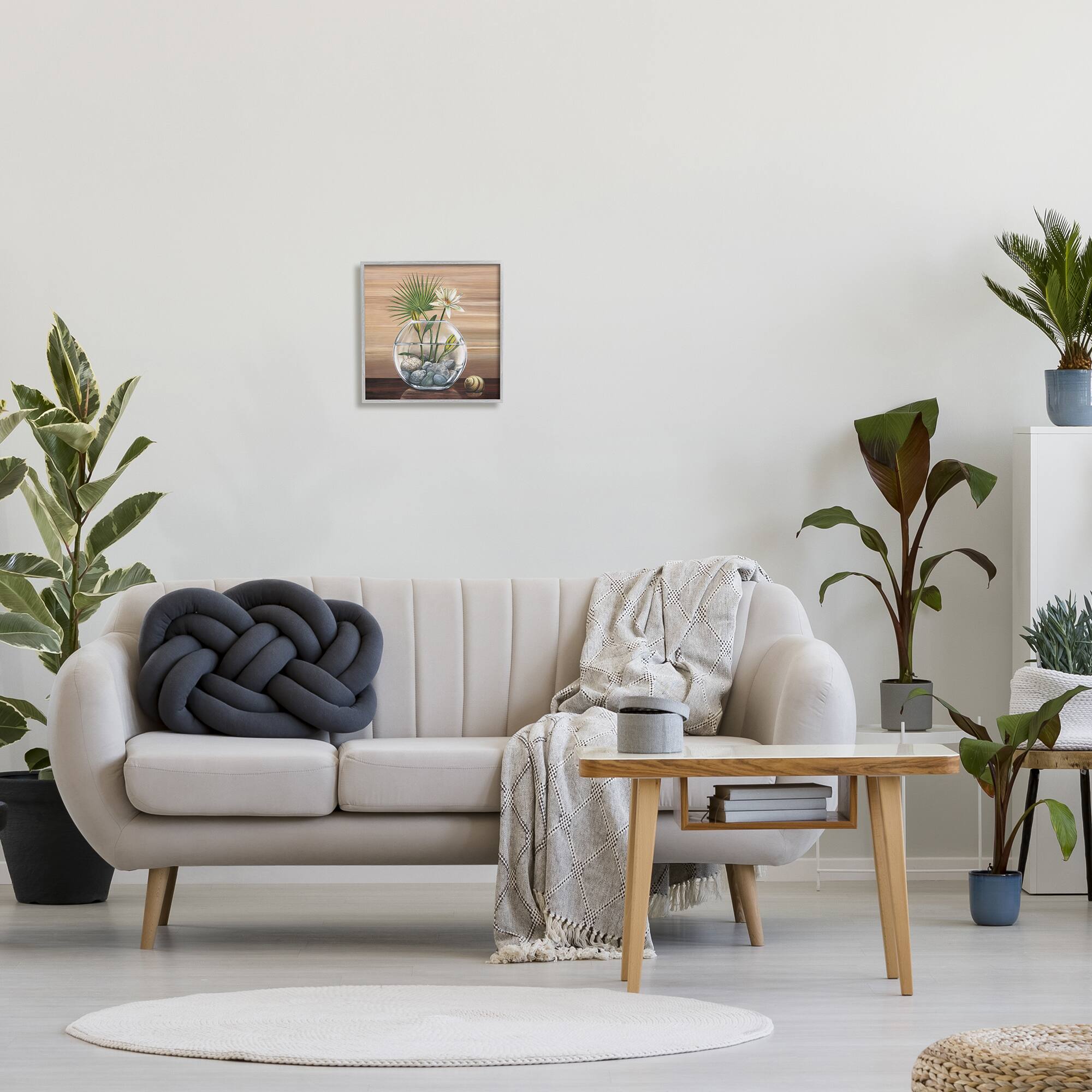 Stupell Industries Lotus and Palm Plant in Rock Vase Still-Life in Gray Frame Wall Art
